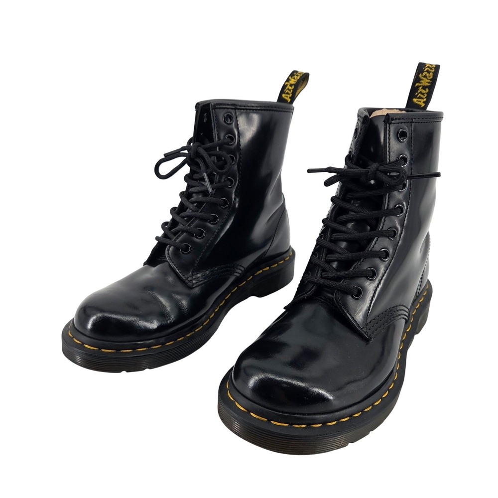 Dr. Martens Black Leather 8-Eye Lace-Up Combat Boots with Yellow Stitching